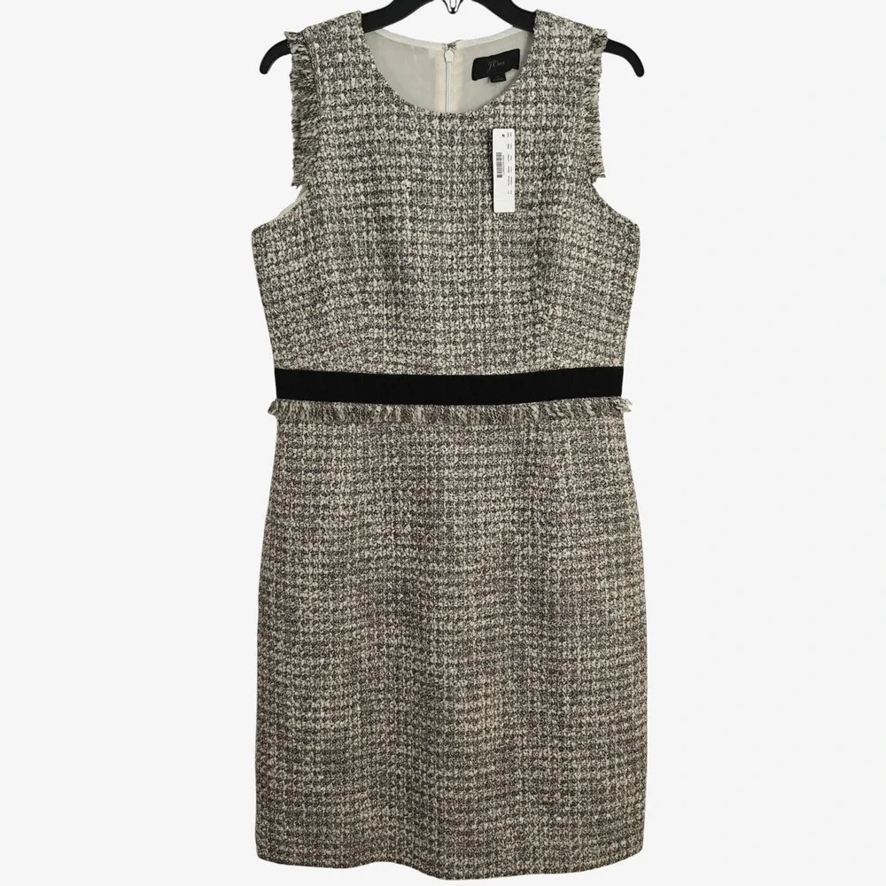J. Crew Metallic Sparkle Tweed Sheath Dress Sz 10 Silver Velvet Fringe Trim NWT